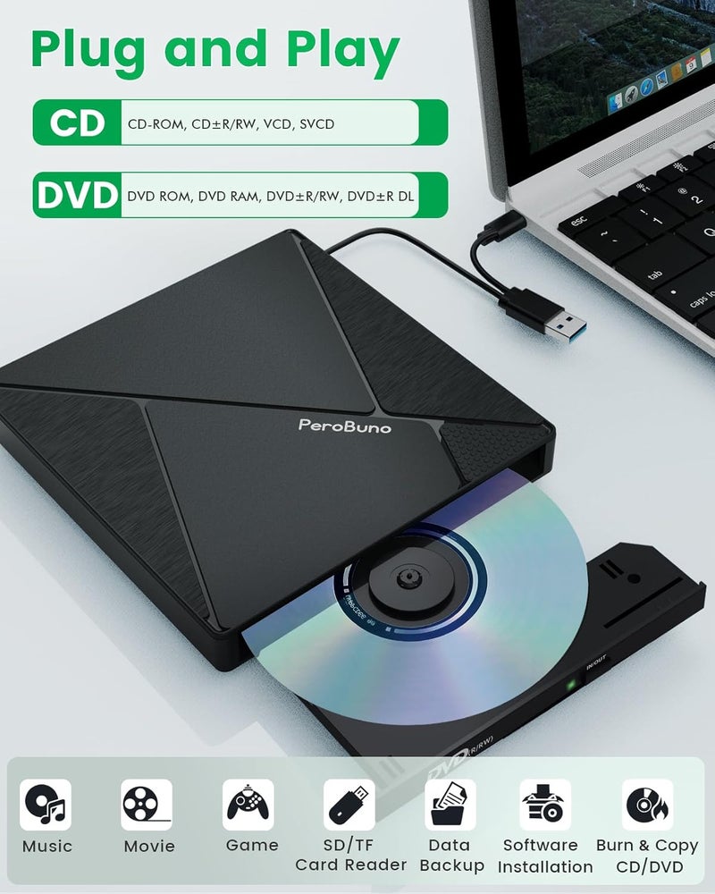 PeroBuno External CD DVD Drive, USB 3.0 Optical Disc Drive, 4 USB Ports and 2 TF/SD Card Slots, CD DVD Burner Writer Reader Player for Laptop MacBook PC Windows 11/10/8/7 Linux OS with Carrying Case - Image 3